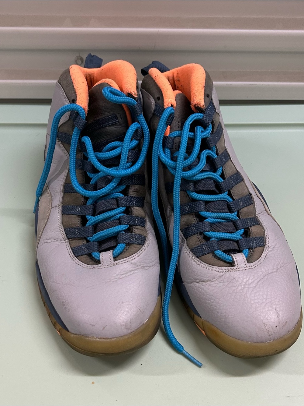 Jordan High-Top Sneakers in Light Gray, Blue & Orange